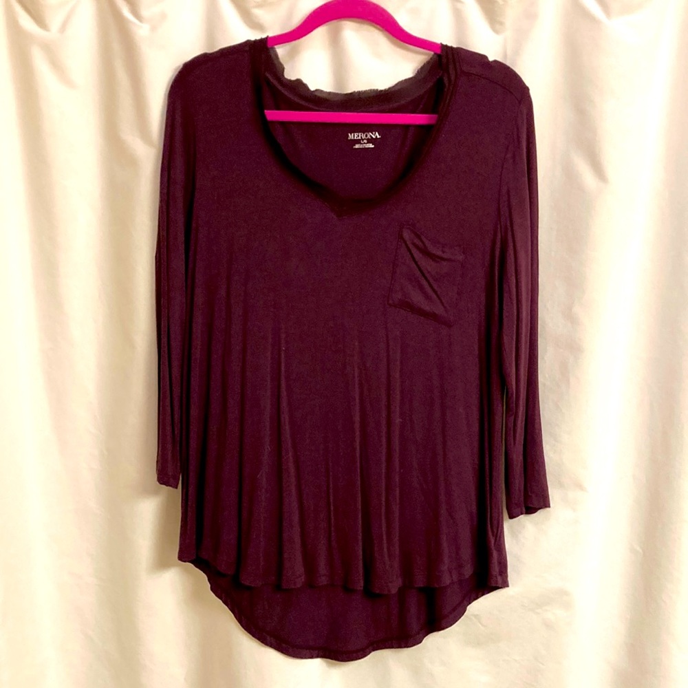 Merona Women’s Soft V-Neck Tee Wine Color Ling Sleeves Shabby Chic Voile Trim